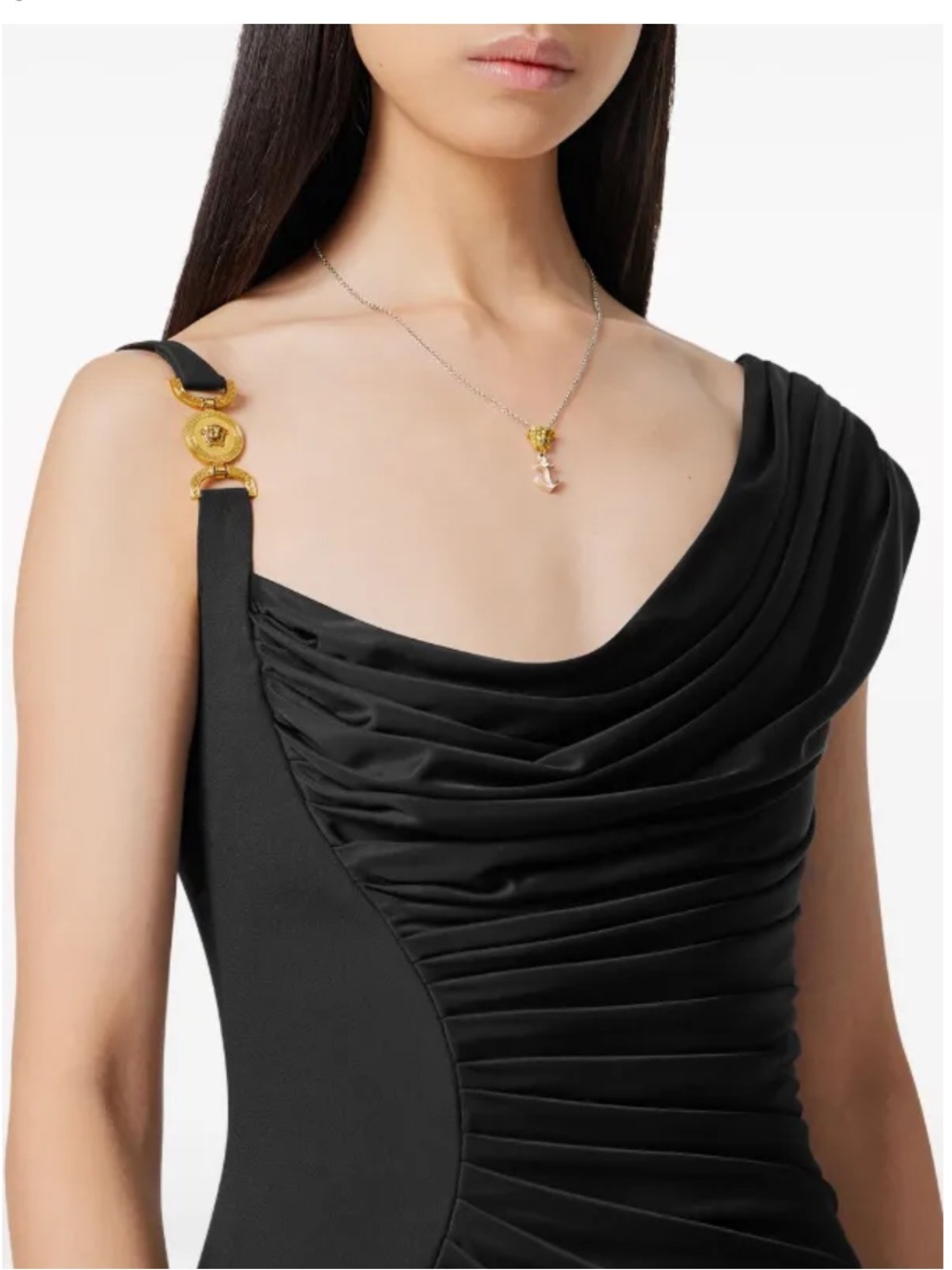 Versace Black One-Shoulder Draped Mini Dress with Gold Accent - Picture 5 of 12